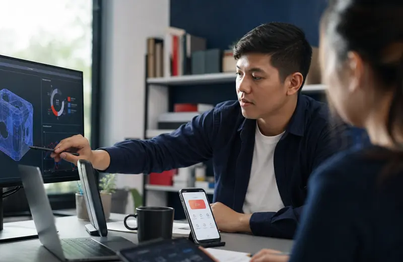 Software engineer reviewing a custom engineering dashboard and Android app